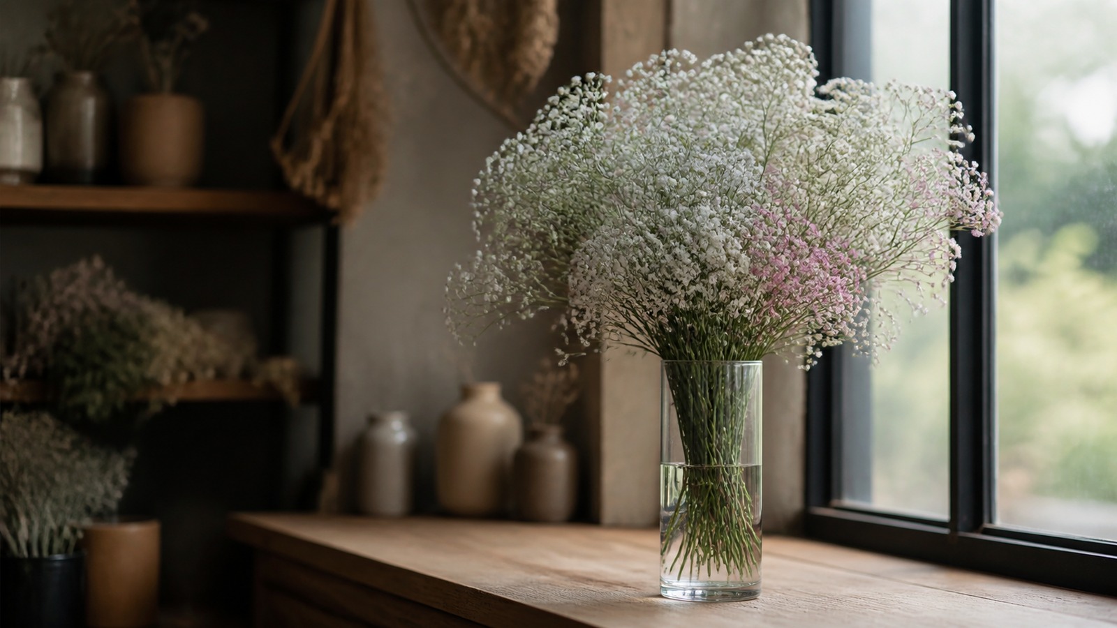 a composition of white and pink gypsophila in a tall glass vase on a wooden shelf — a light floral cloud, diffused light from a window, minimalist workshop