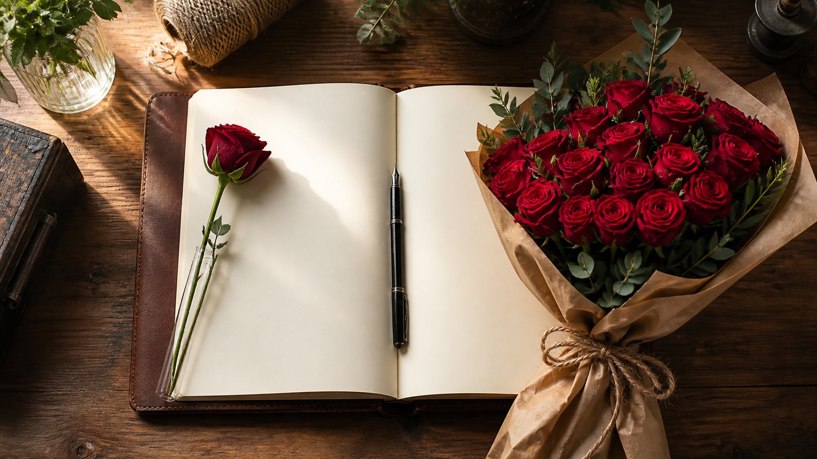 an open florist's notebook on a wooden table — a single rose in a glass tube on one page, a lush 21-rose kraft bouquet on the other, contrast of scale