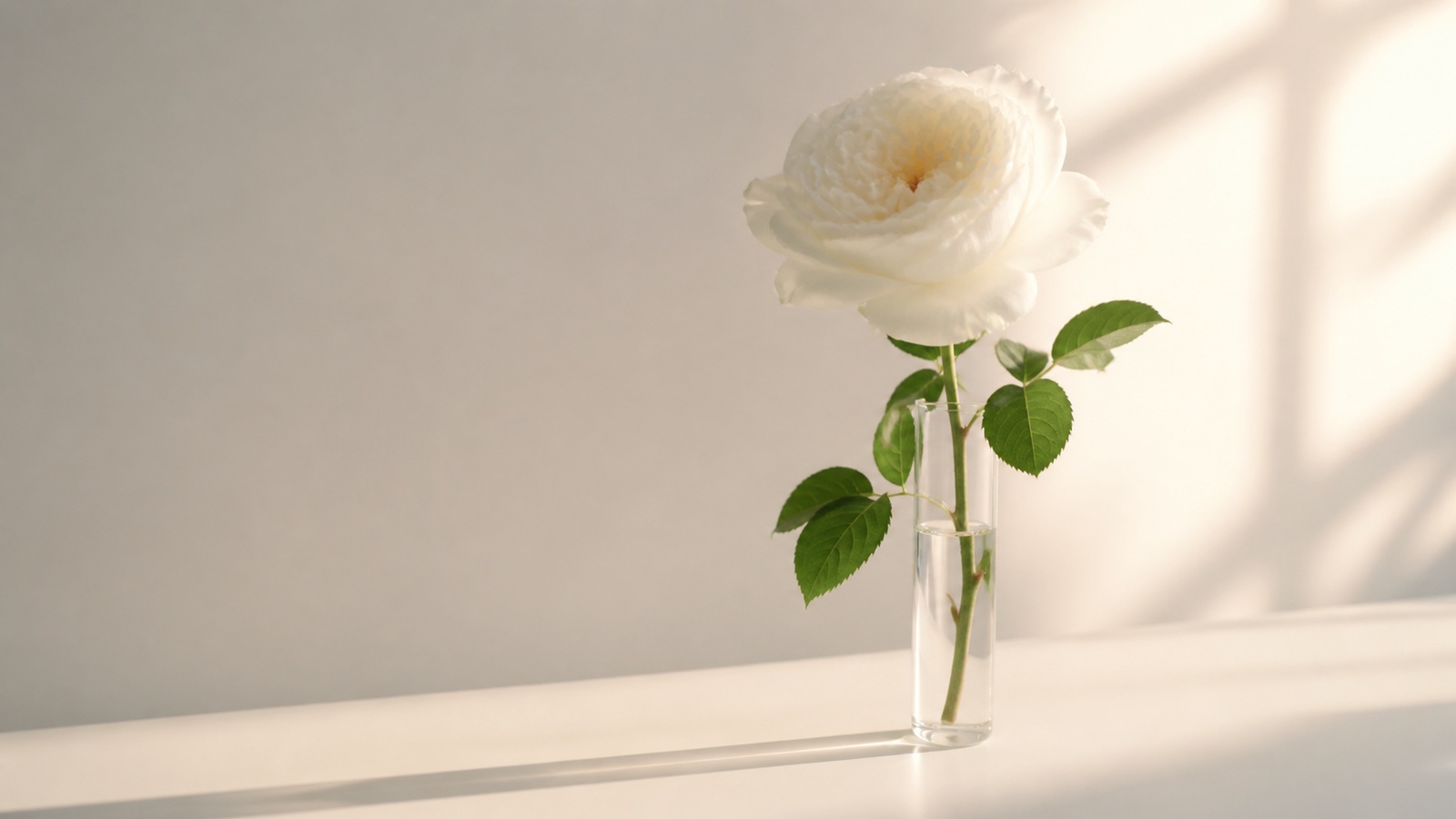 a single white Patience garden rose in a slim glass tube on a minimalist table, warm side light, lifestyle product tone