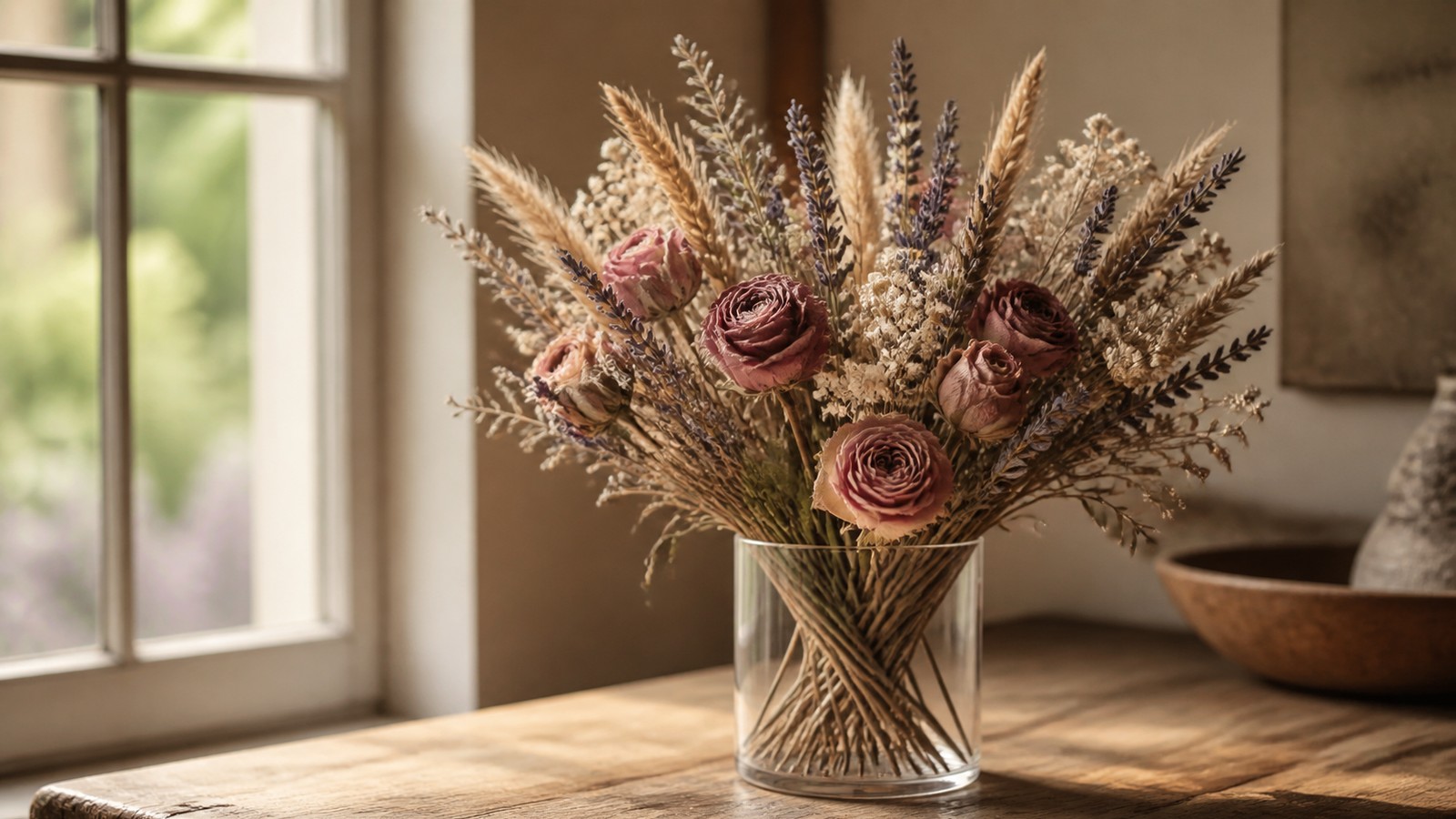 a dried bouquet of roses, lavender, gypsophila and dried grasses in a glass vase on a wooden table by a window, soft warm daylight, muted dusty pink and beige palette