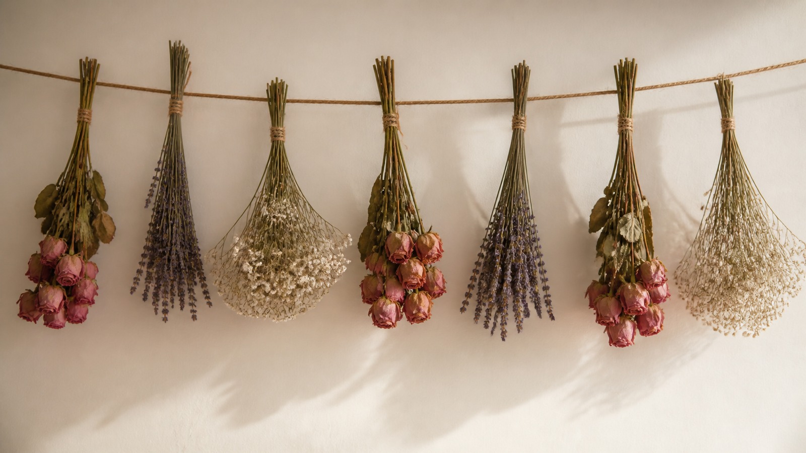 several small bouquets hung heads-down for air drying along a rope by a light wall — roses and lavender, soft diffused light, cream backdrop, documentary still-life