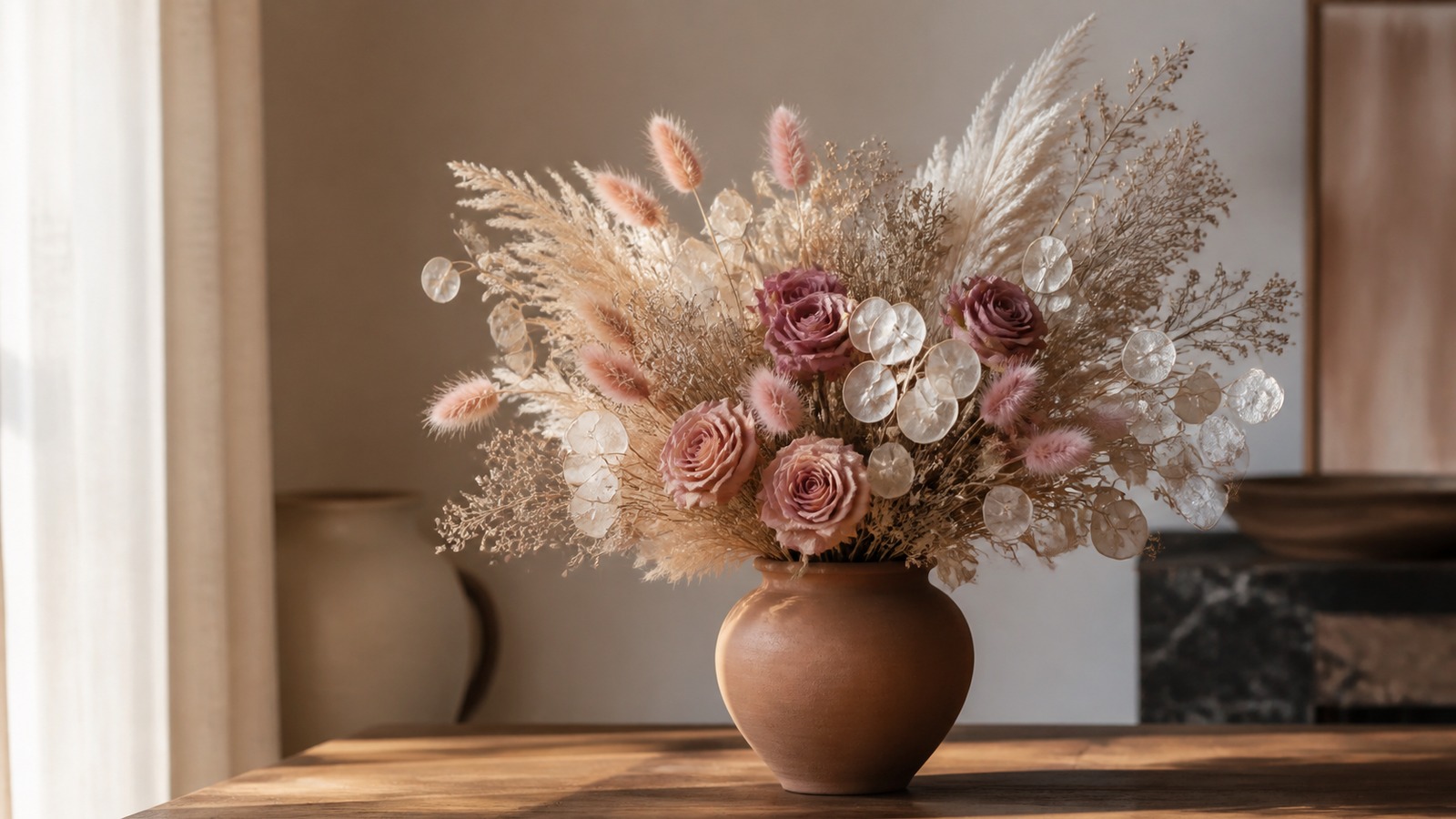 a finished dried composition of preserved roses, lagurus, lunaria and pampas grass in a ceramic vase on a table, warm daylight, beige-caramel palette, magazine editorial