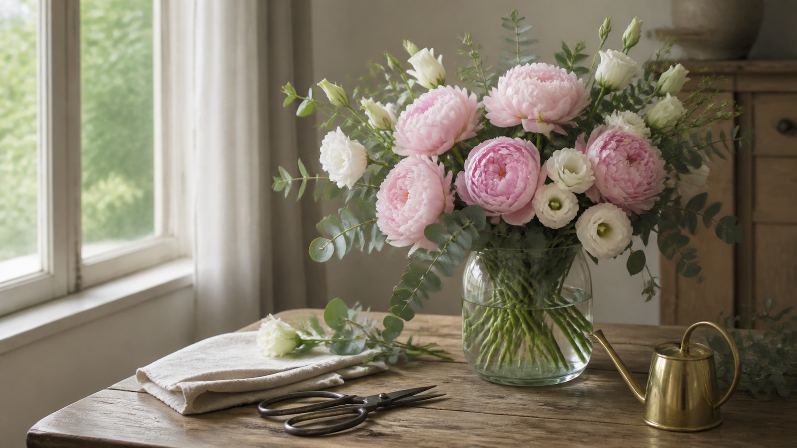 a large clear glass vase on a wooden table by a window, holding a lush bouquet of soft pink peonies, white lisianthus and eucalyptus; scissors, a clean cloth and a small watering can nearby, soft reportage light