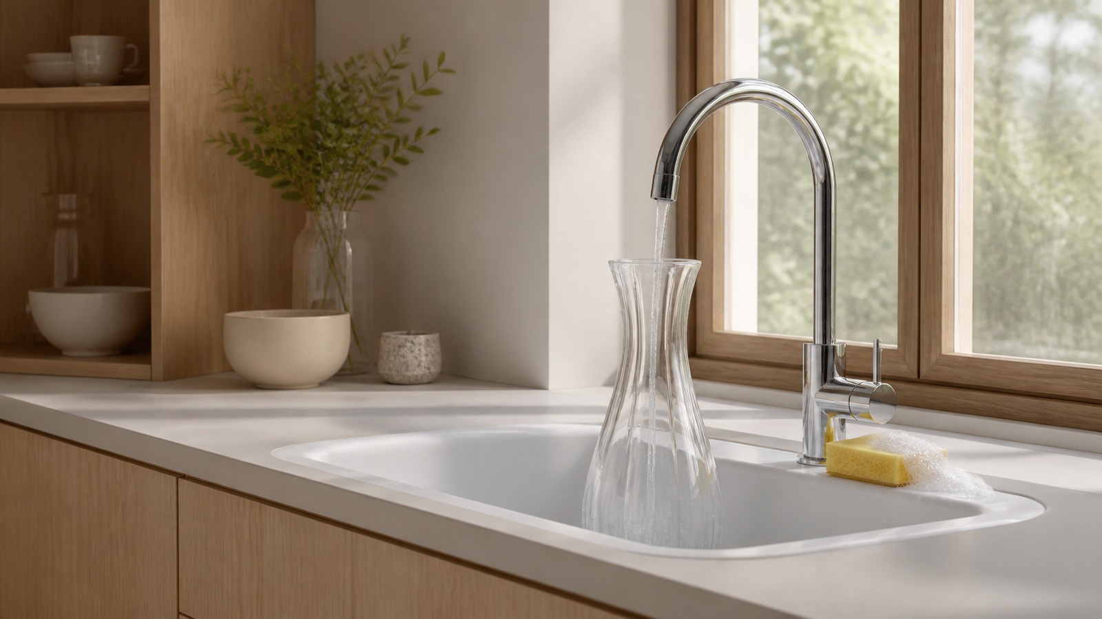 an empty glass vase rinsing beneath a running tap beside a soapy yellow sponge in a bright kitchen sink