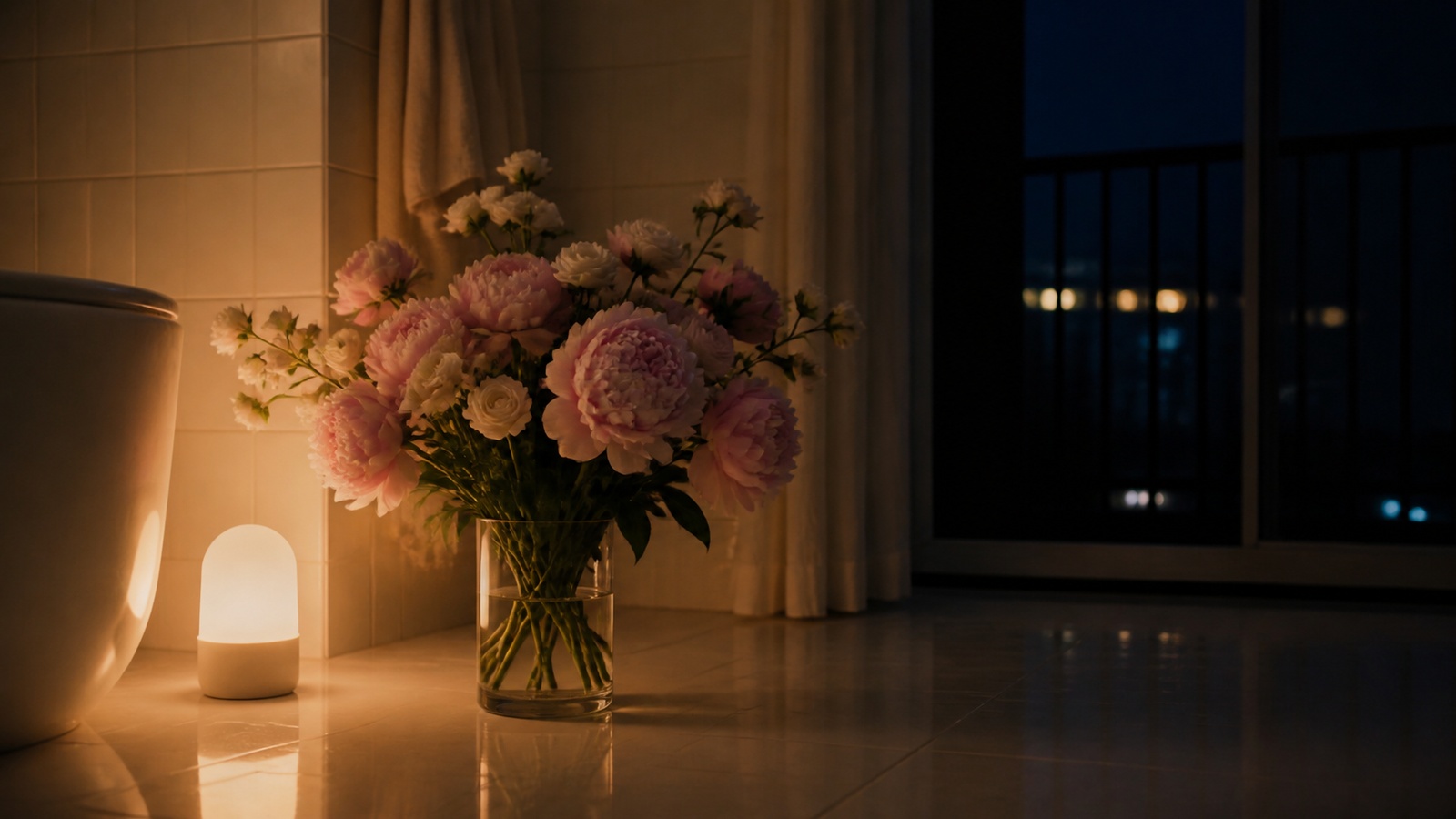 a glass vase with a bouquet of soft peonies and roses sitting on a tiled bathroom floor at night, gentle light from a night lamp, reflection in the tiles, calm bouquet-care atmosphere
