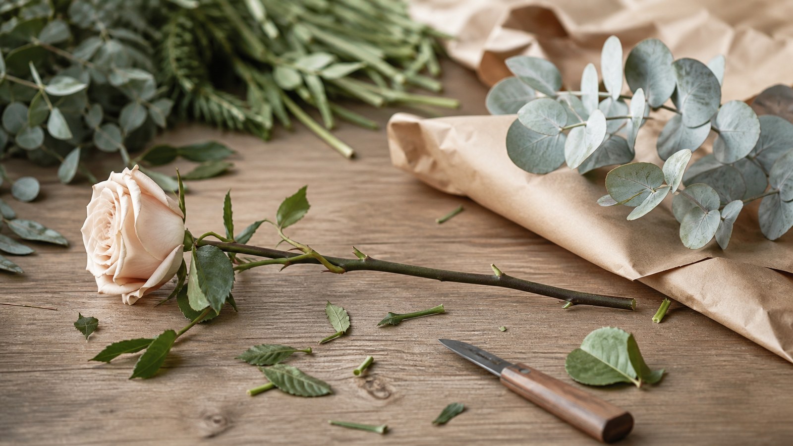 rose stems with their lower leaves removed beside a florist knife, eucalyptus and stem trimmings on a wooden table