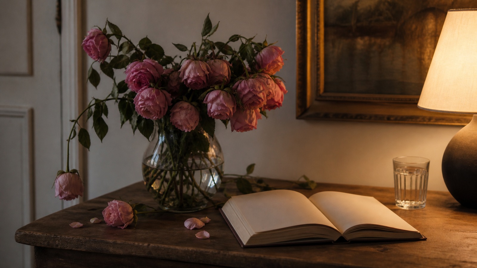 a drooping bouquet of roses in a vase, a floristry book open next to it and a glass of cool water, soft evening light