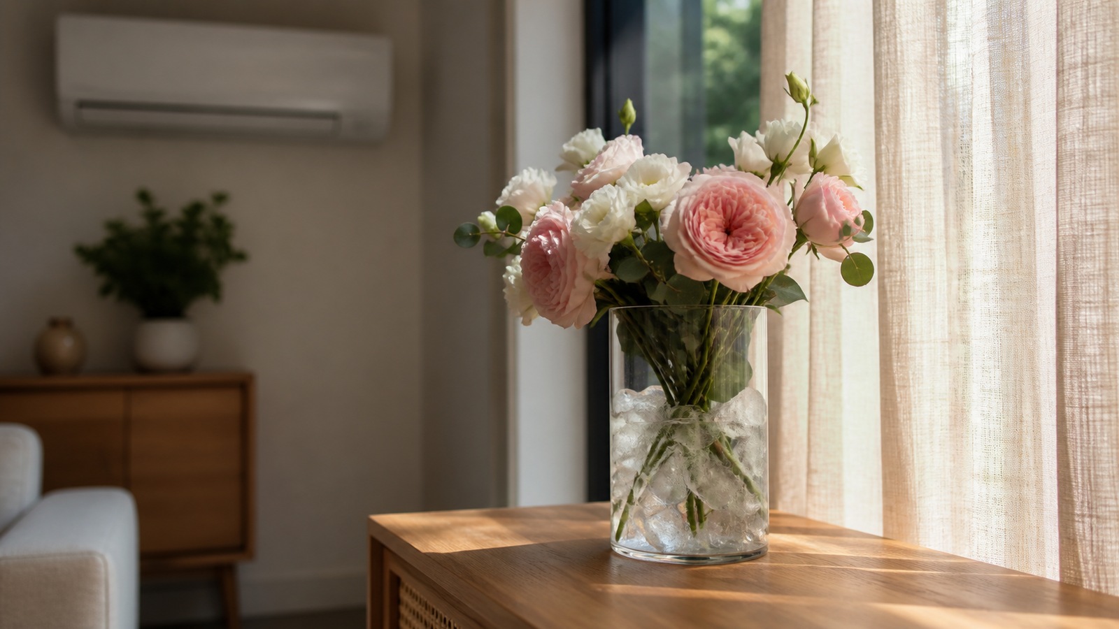 a bouquet of pale roses and lisianthus in a glass vase with ice cubes by a window with a half-drawn curtain shielding it from direct sun, air-conditioned room, daytime light