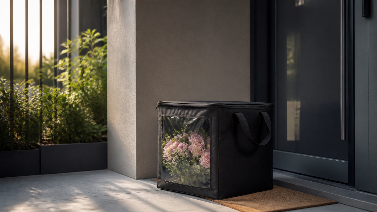 an insulated flower-delivery bag with pink blooms visible through a clear panel resting beside an apartment door