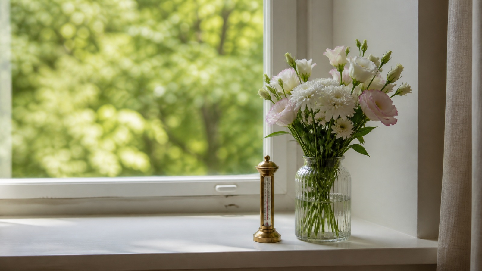 a pale bouquet in a glass vase on a shaded windowsill beside an unmarked brass thermometer