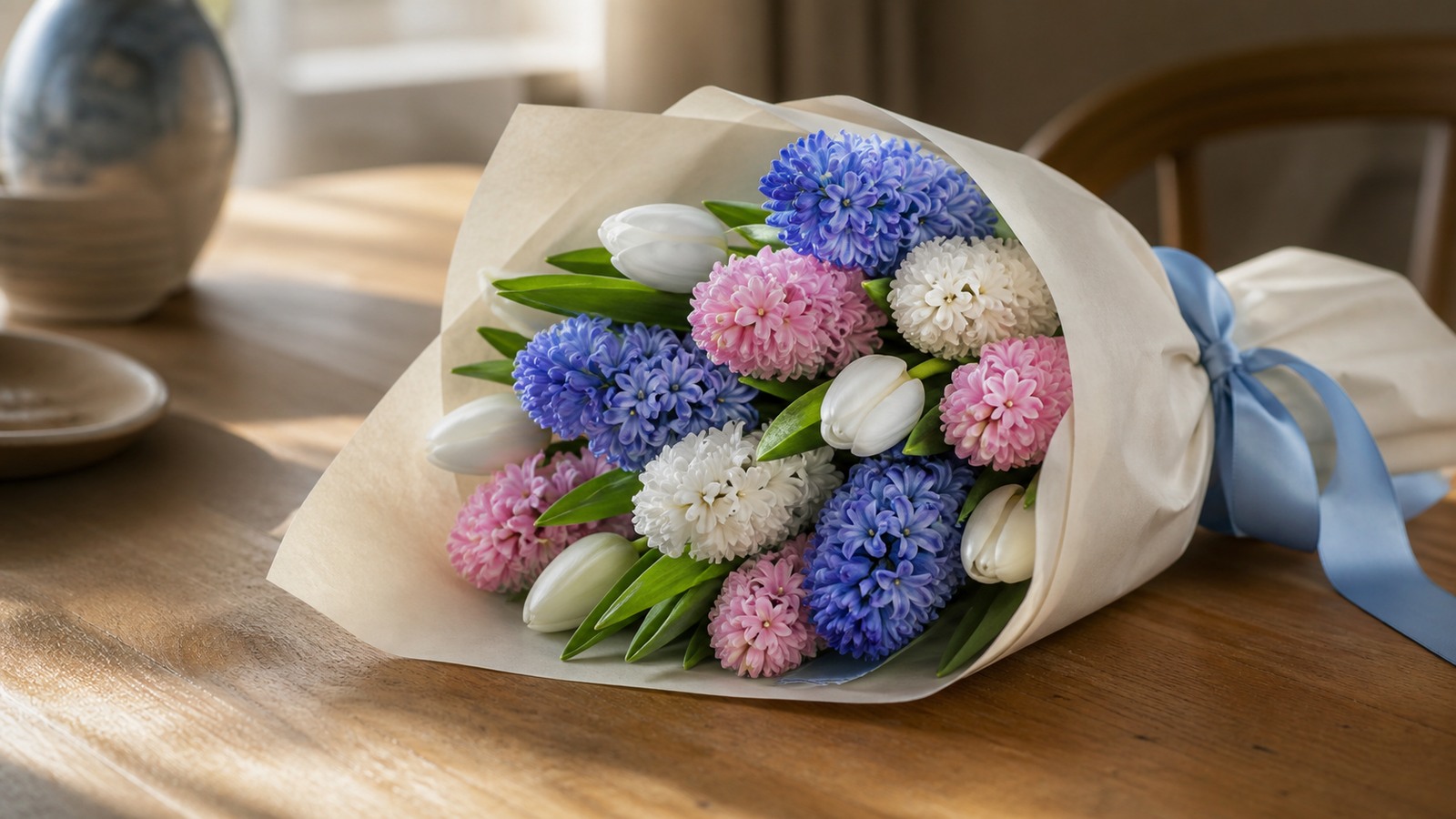 a mixed bouquet of blue Delft Blue and pink Pink Pearl hyacinths with white tulips in kraft paper on a wooden table