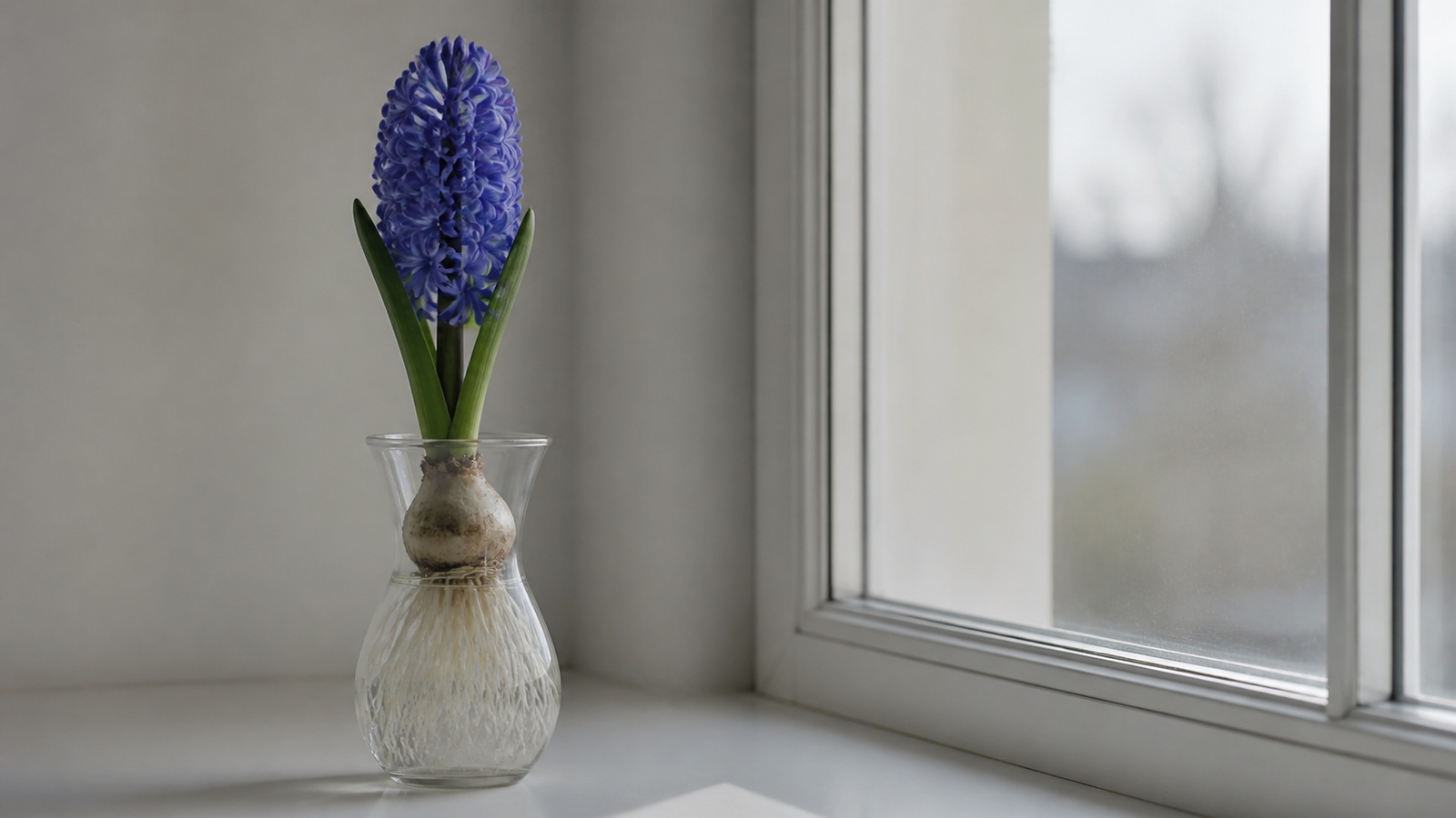 a hyacinth in water forcing — a Delft Blue hyacinth with white roots visible through a clear specialized hyacinth vase, on a windowsill