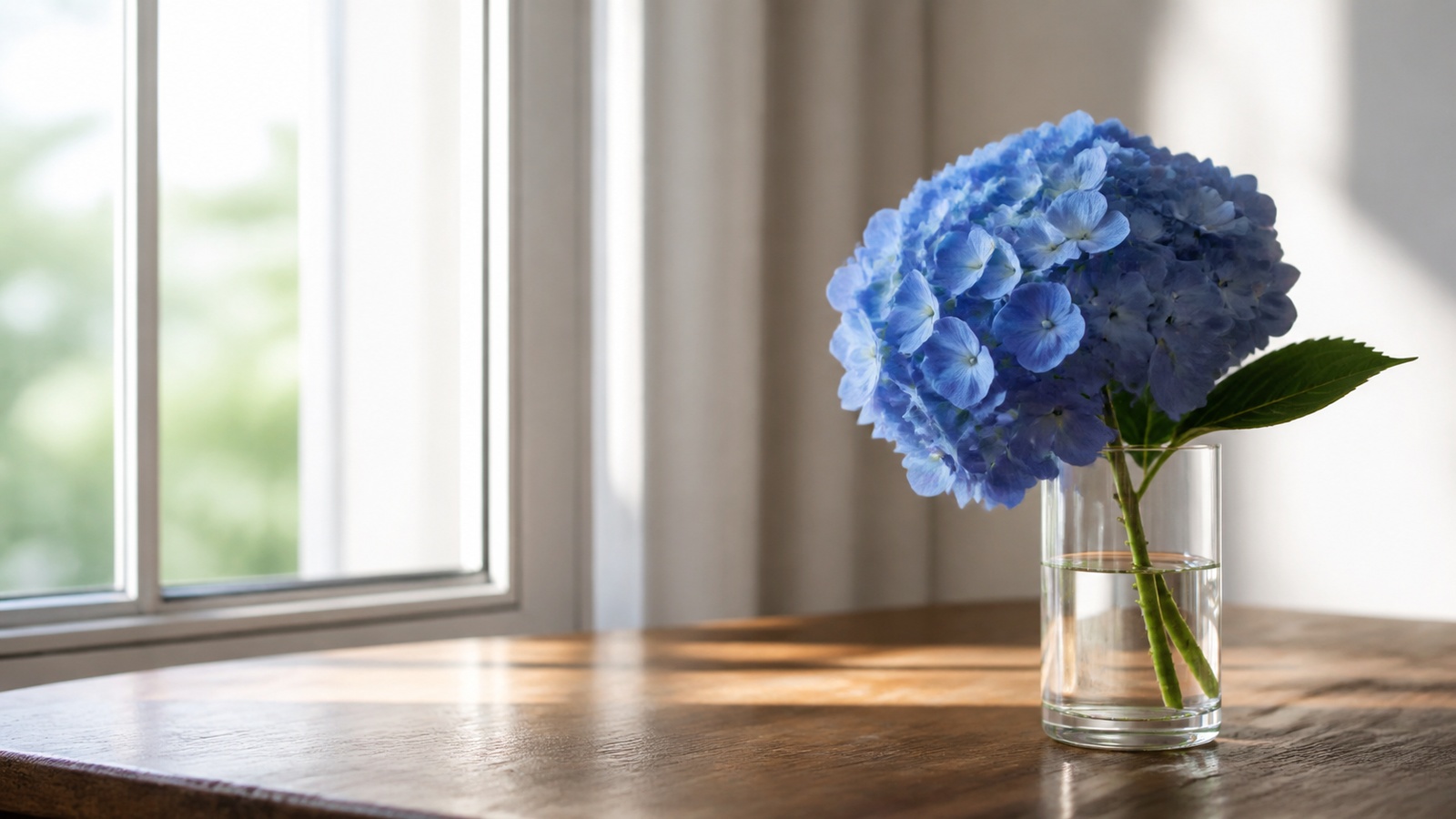a single large blue hydrangea head in a clear glass vase on a wooden table by a window, soft morning light, editorial still-life
