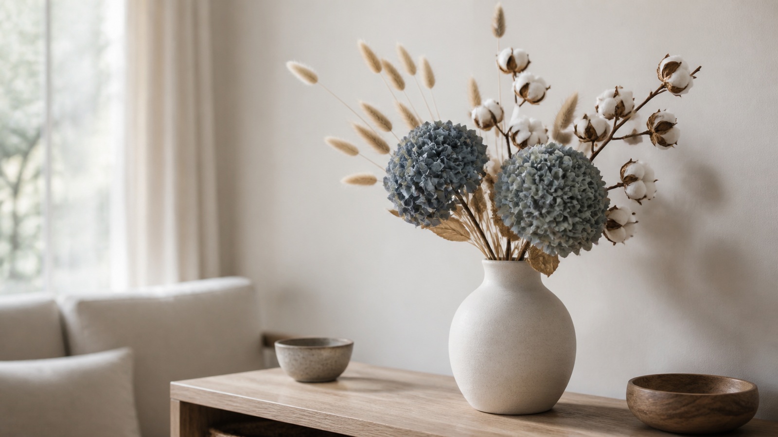 a dried composition with two dusty-blue macrophylla hydrangea heads and dried grasses in a ceramic vase, editorial interior lifestyle