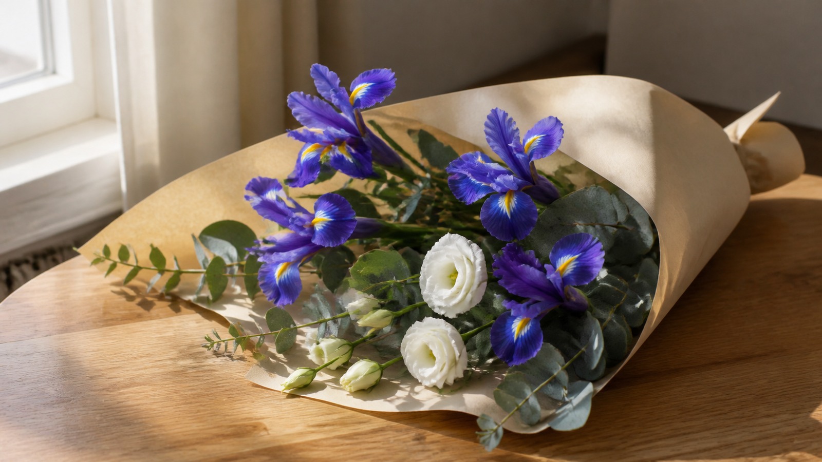 a bouquet of blue Dutch irises, white lisianthus and eucalyptus wrapped in cream kraft paper