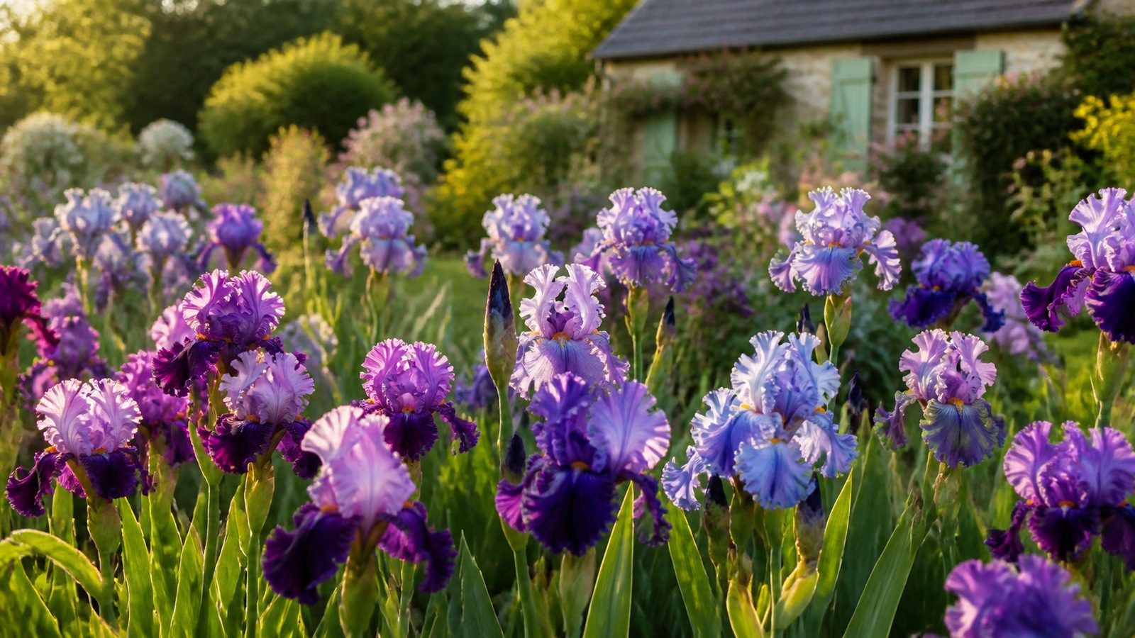 a garden bed of purple and blue bearded irises in warm morning light