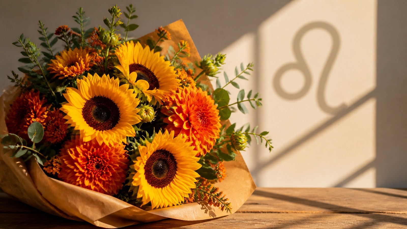 a tall armful of sunflowers and orange dahlias in warm kraft paper on a sunlit table, hard August light