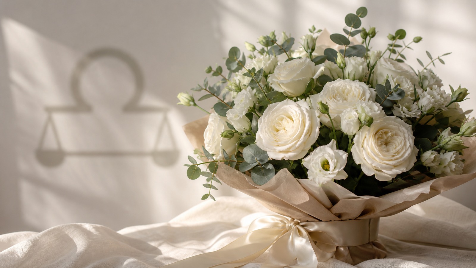 a bouquet of 25 white Avalanche roses with silver eucalyptus in a nude kraft wrap on a linen surface, soft window light, editorial photography