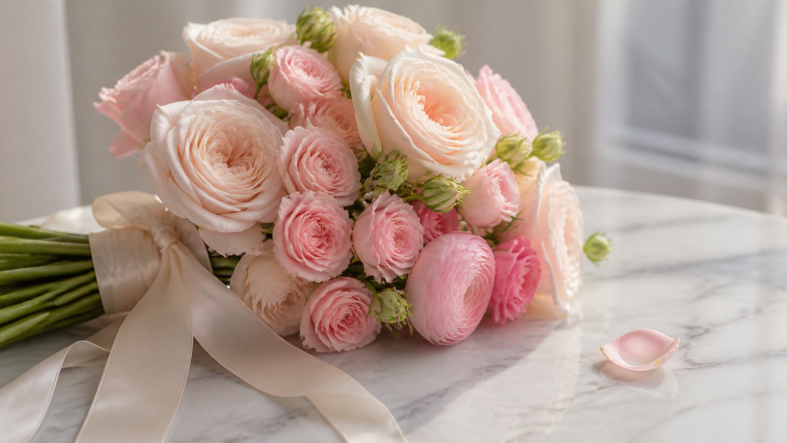 a soft-pink bouquet of Sweet Avalanche roses and Charity spray roses with ranunculus, ivory silk ribbon, on a light marble surface, morning window light
