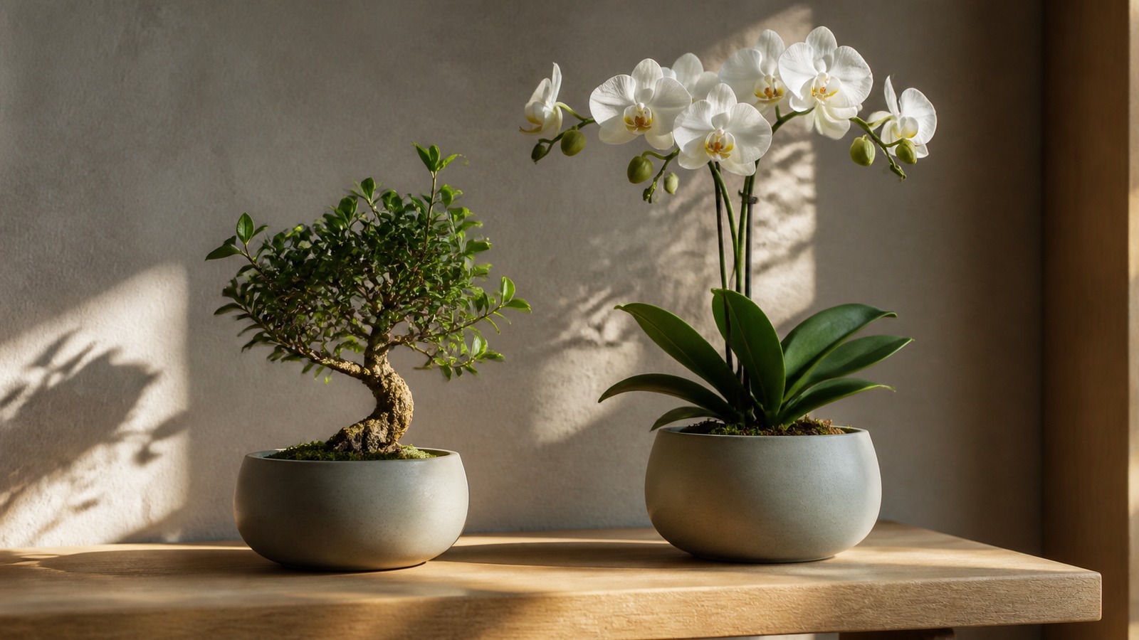 a bonsai plant next to a phalaenopsis orchid in matching ceramic pots on a warm oak shelf, soft afternoon light, minimal designer interior