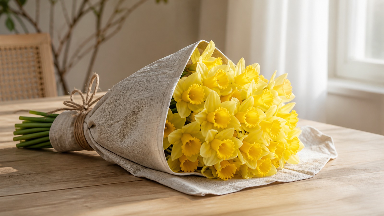 a mono-bouquet of 25 yellow Carlton daffodils in a linen wrap on a wooden table, spring window light