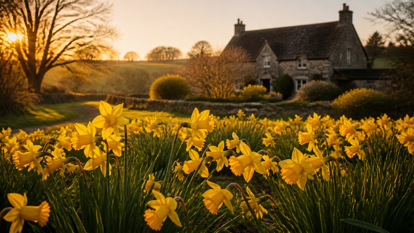 a garden field of yellow daffodils in full bloom under early spring sunlight, editorial landscape photography