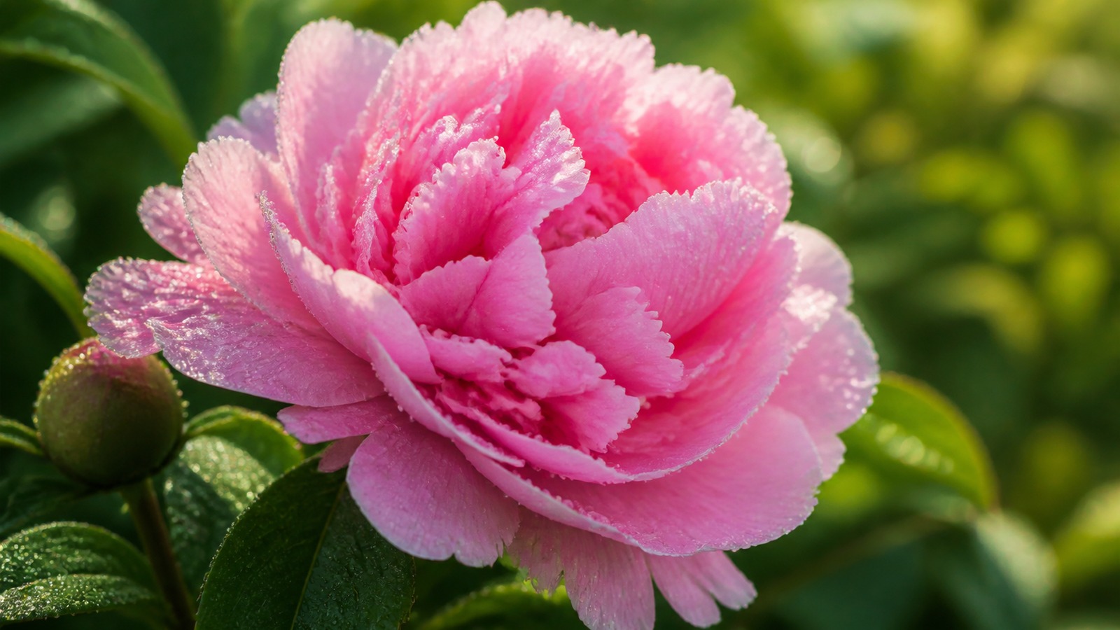 pink Sarah Bernhardt peony in a morning garden, close-up of the bud head with dew drops on layered ruffled petals