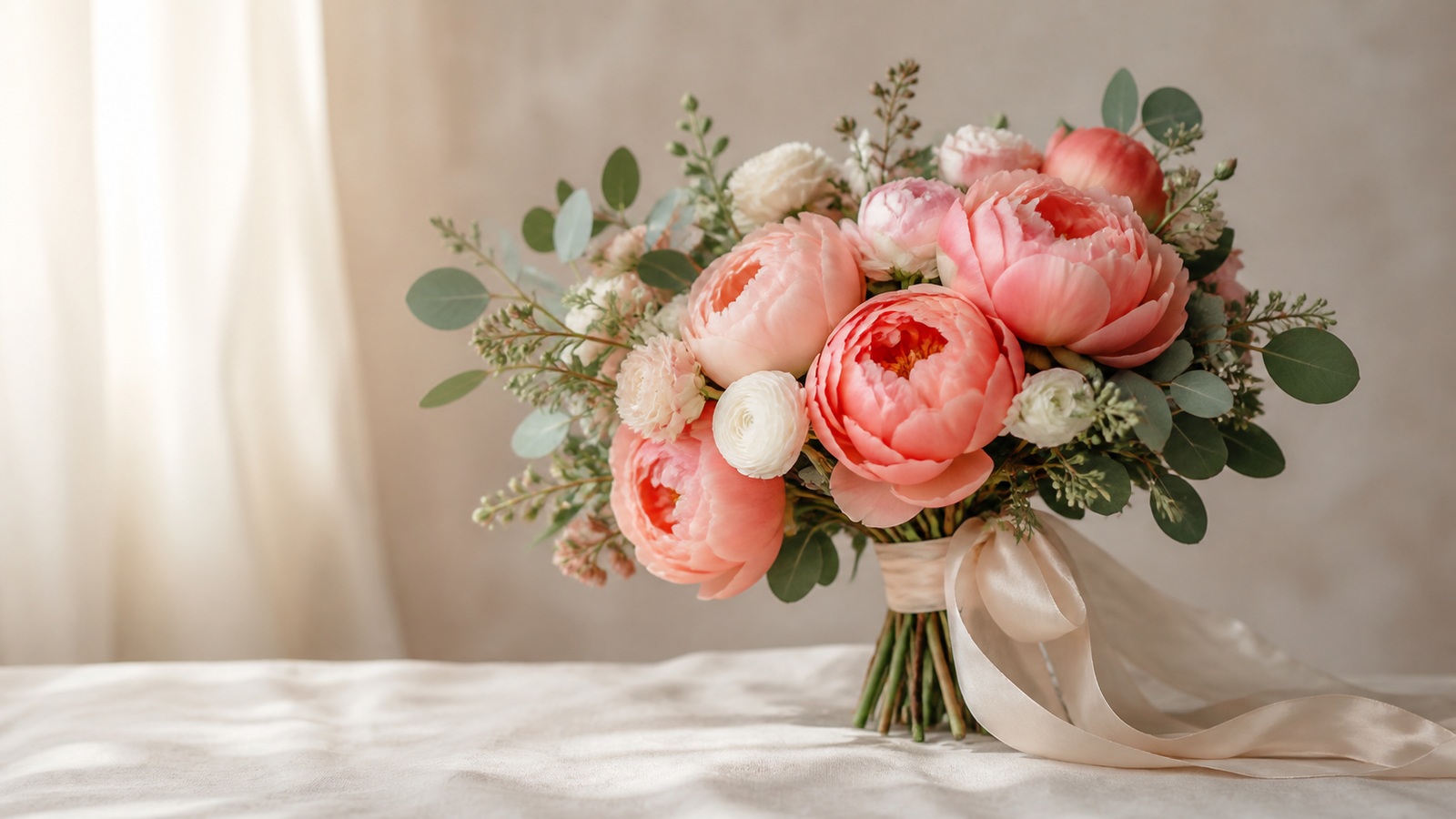 wedding bouquet of pink Sarah Bernhardt peonies and eucalyptus on a white background