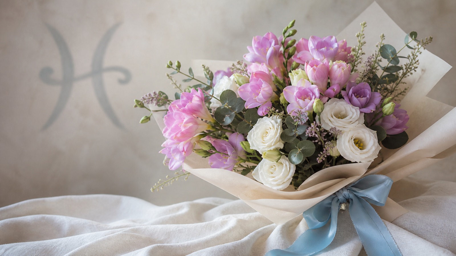 a pastel bouquet of pink and lavender freesias with lisianthus and silver eucalyptus, soft romantic editorial photography