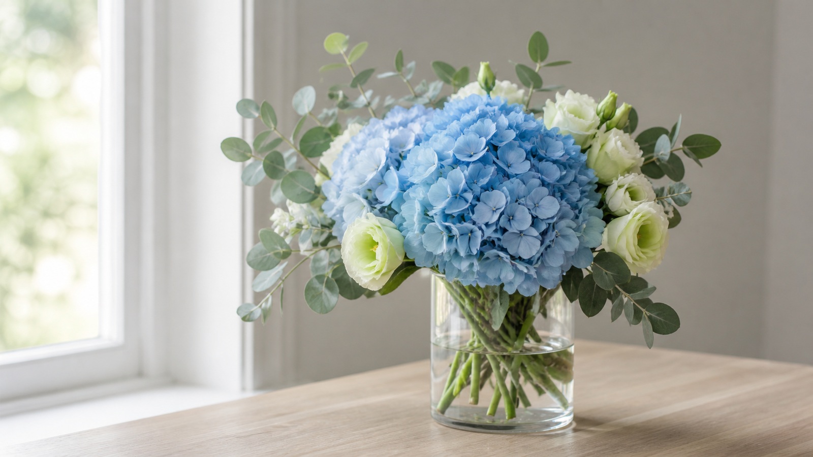 a blue hydrangea bouquet with eucalyptus in a clear glass vase, soft daylight, editorial photography