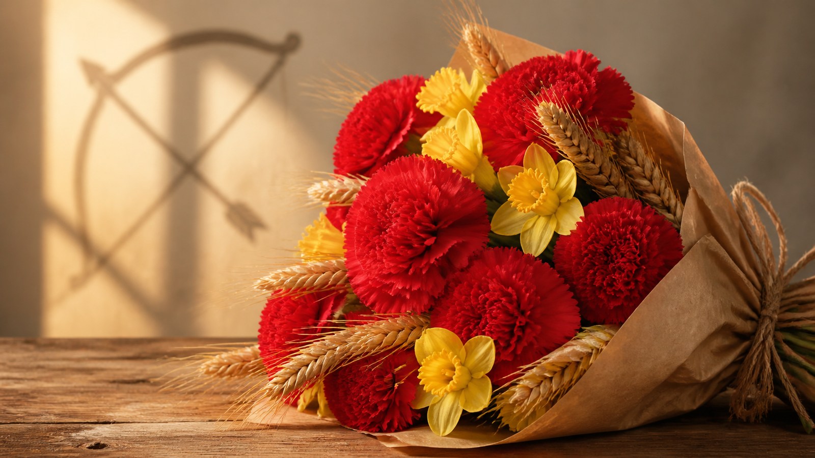 a large bouquet of sunflowers, orange gerberas, and yellow chrysanthemums with wheat and eucalyptus in kraft paper, warm afternoon light