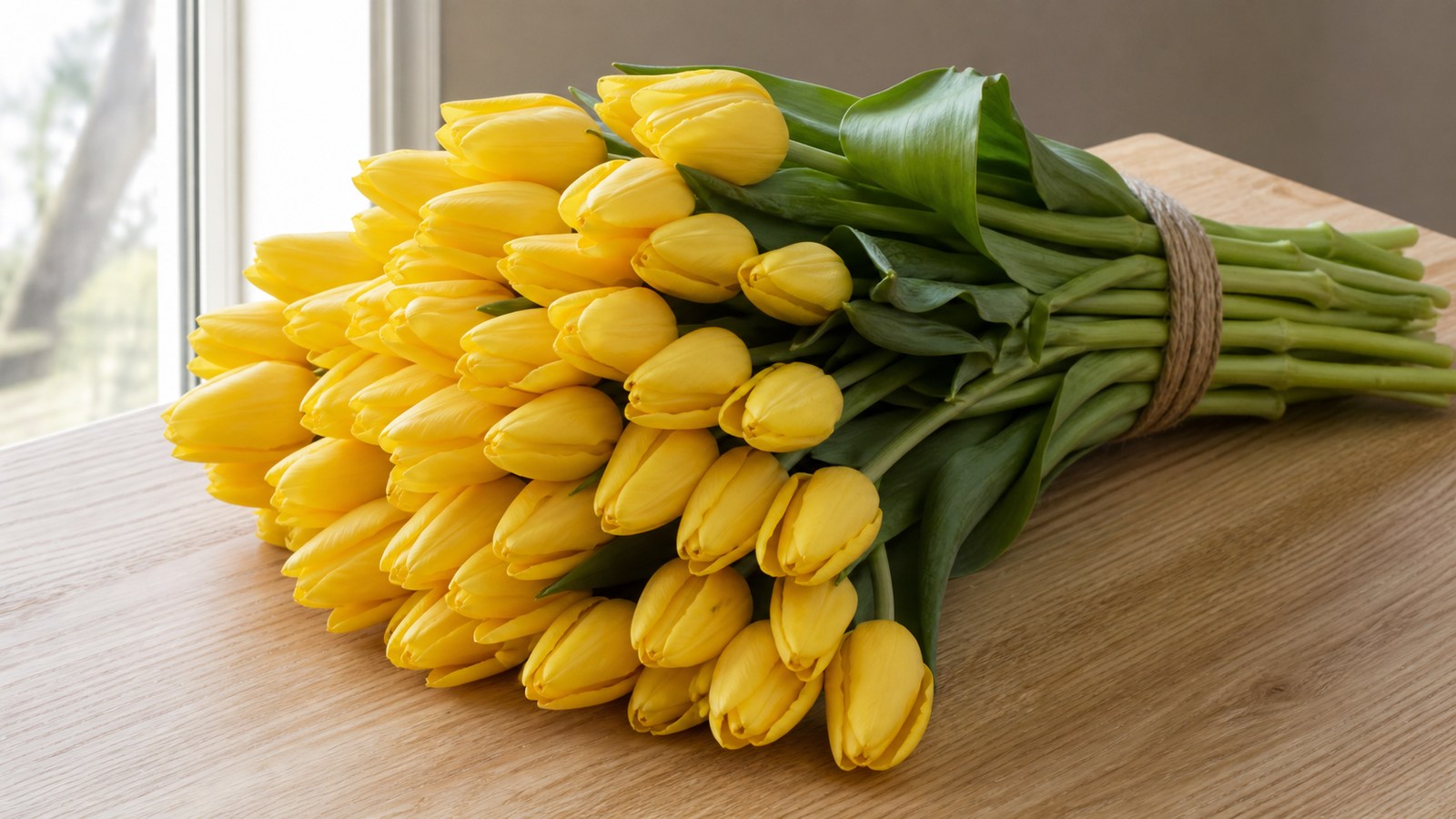 51 yellow tulips in a tight armful wrap on a light wooden table, spring window light, editorial photography
