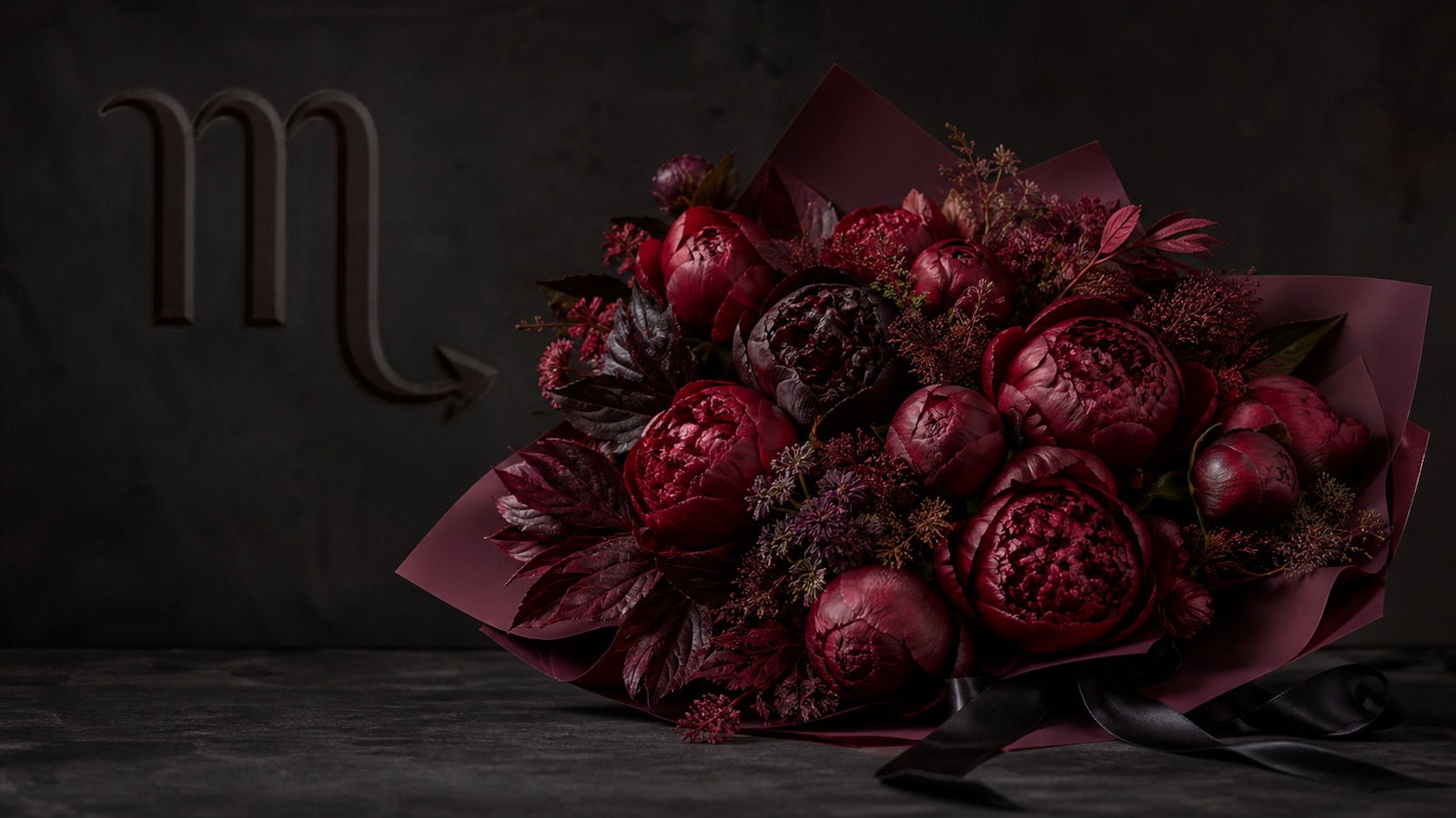 bouquet with burgundy Karl Rosenfield peonies, black Schwarzwalder calla, and dark greenery in a dense wine-color wrap