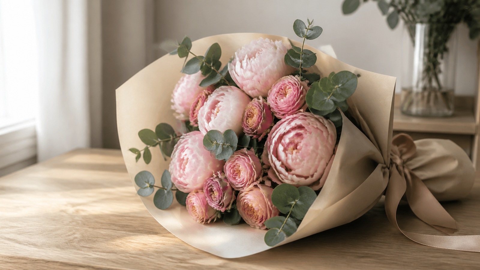 a mixed bouquet of pink Yumi spray roses, peonies, and eucalyptus on a light oak table, soft morning light