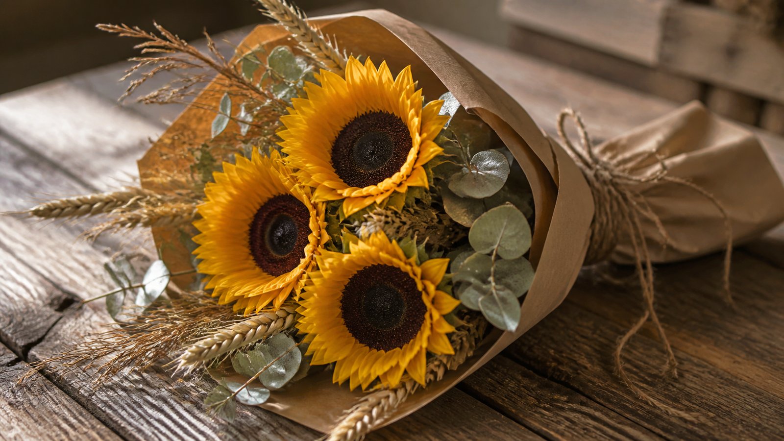 a bouquet of 3 sunflowers with wheat, eucalyptus, and dried grasses in kraft paper on a rustic wooden table