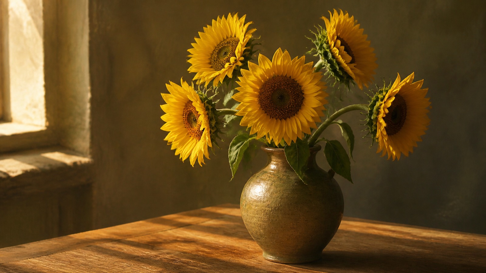Van Gogh-style sunflower bouquet — 5 bright yellow sunflowers in a rustic ceramic vase, warm afternoon light, editorial photography