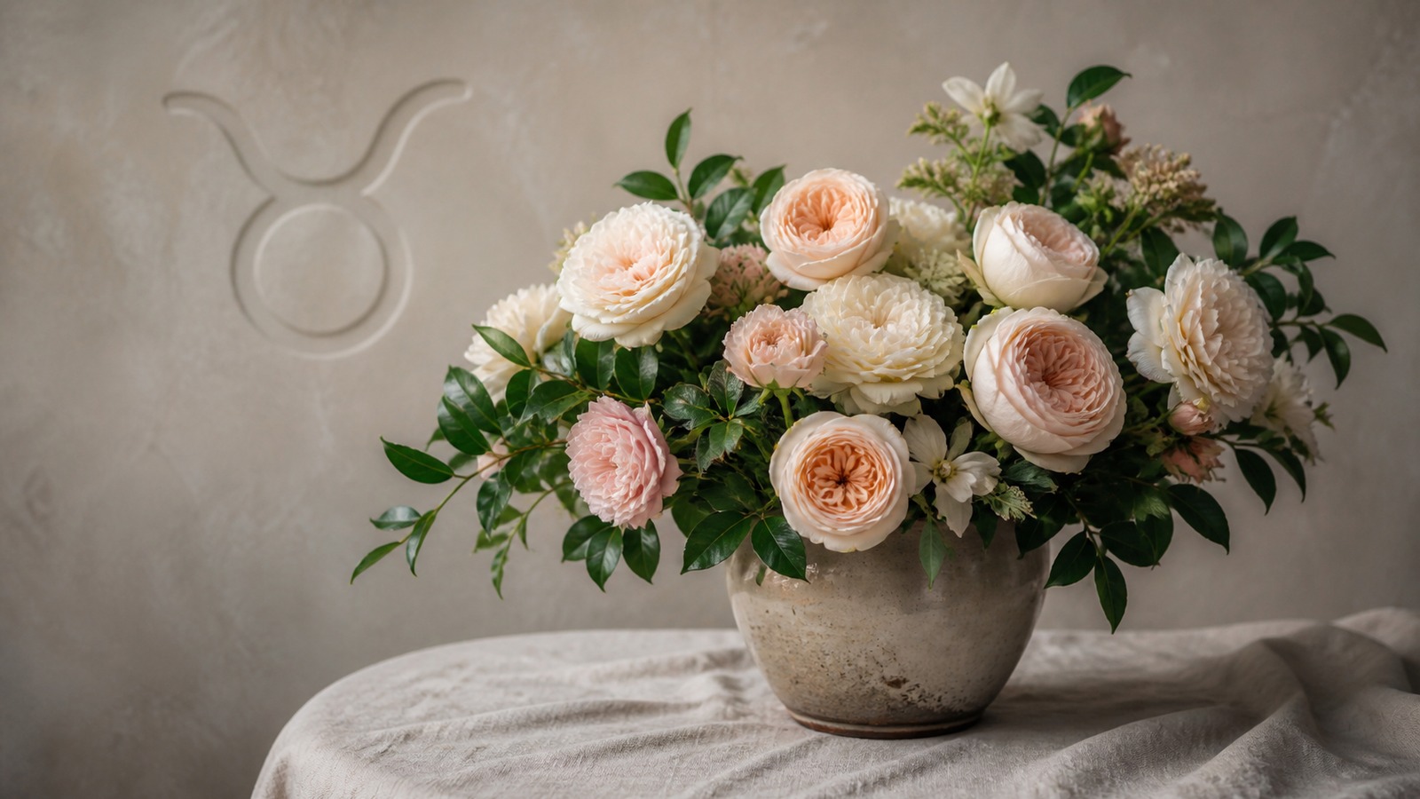 an armful of pale pink peonies in soft bud, wrapped in thick cream paper, on a linen-covered table with morning light from the side
