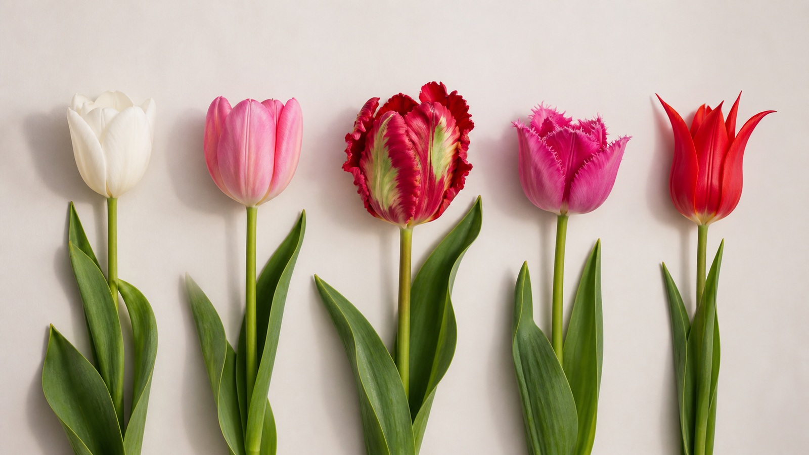 a flat-lay of five tulip classes on a neutral background — Triumph, Darwin Hybrid, Parrot, Fringed, Lily-flowered