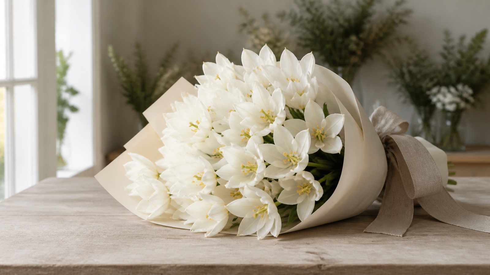 a mono-bouquet of 25 white 'White Triumphator' lily-flowered tulips wrapped in kraft paper
