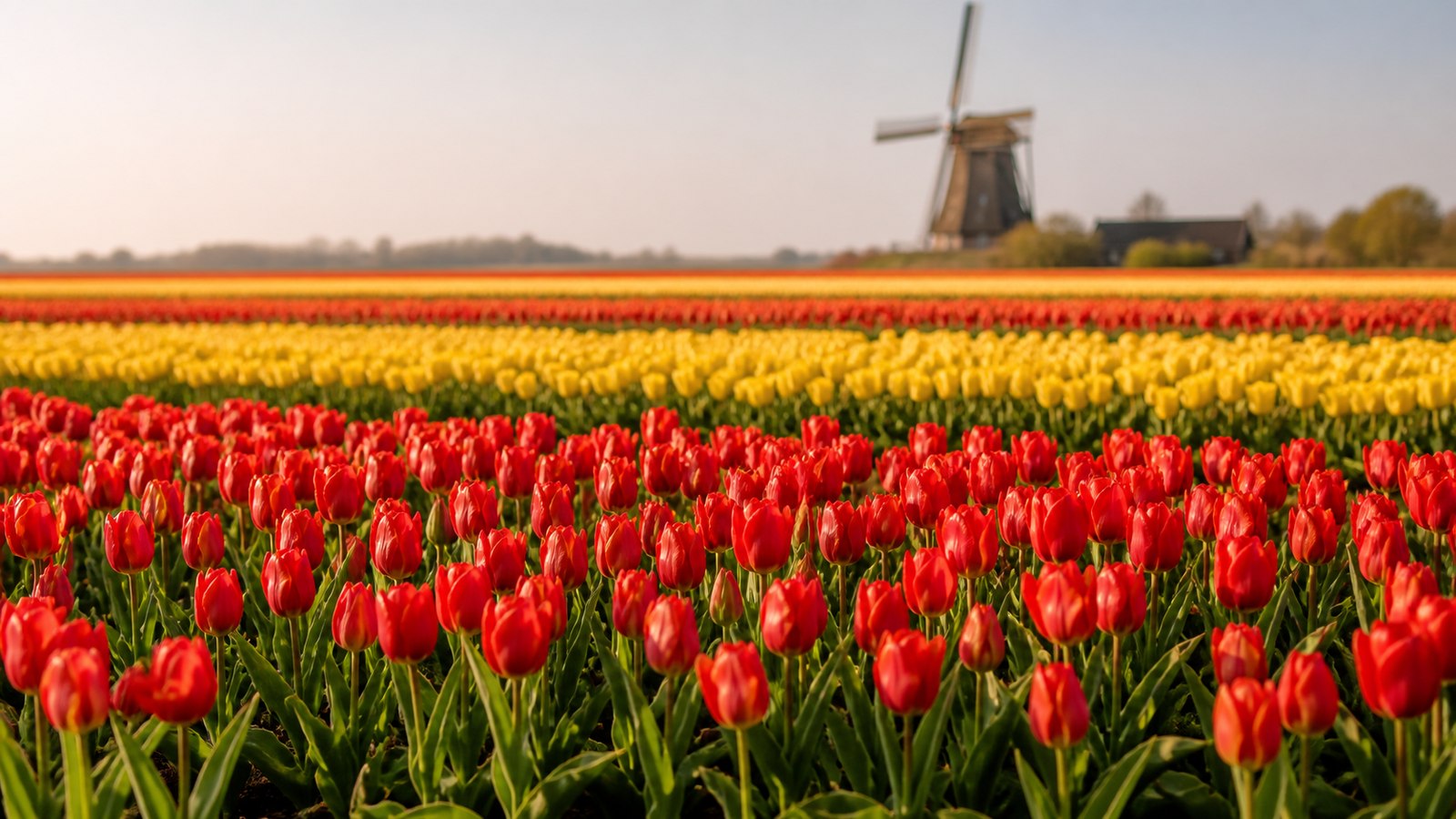 a spring field of red and yellow Darwin hybrid tulips in bloom, morning light, editorial landscape