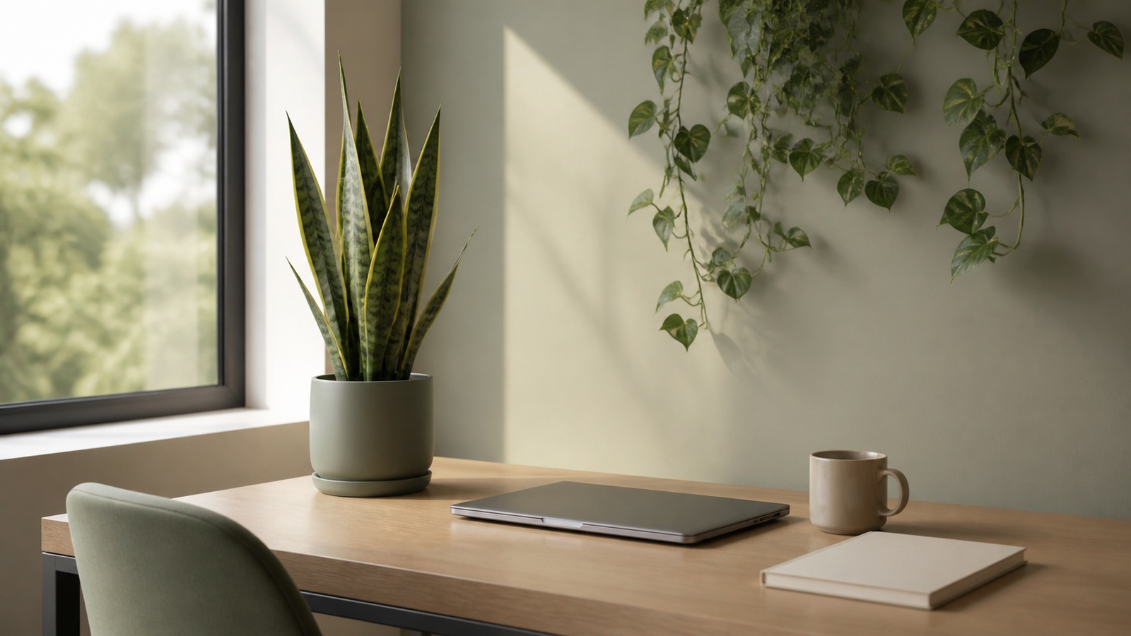 an office workstation with two living plants — a sansevieria in a ceramic pot and a pothos vine on the wall, laptop, morning light through the window