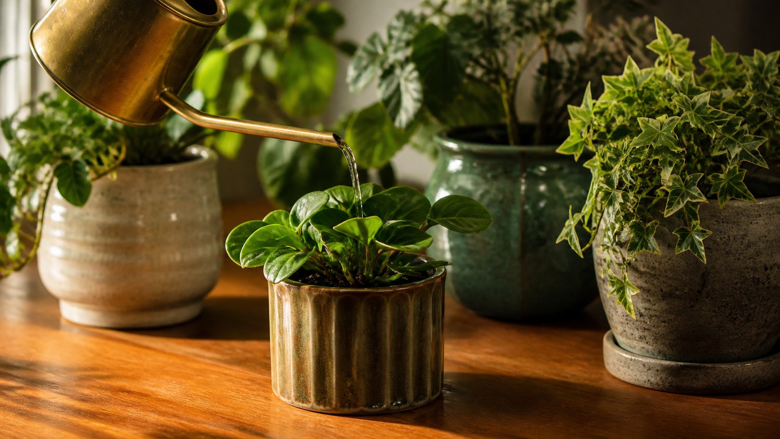 a brass watering can beside a freshly watered peperomia and other ceramic planters on a wooden table