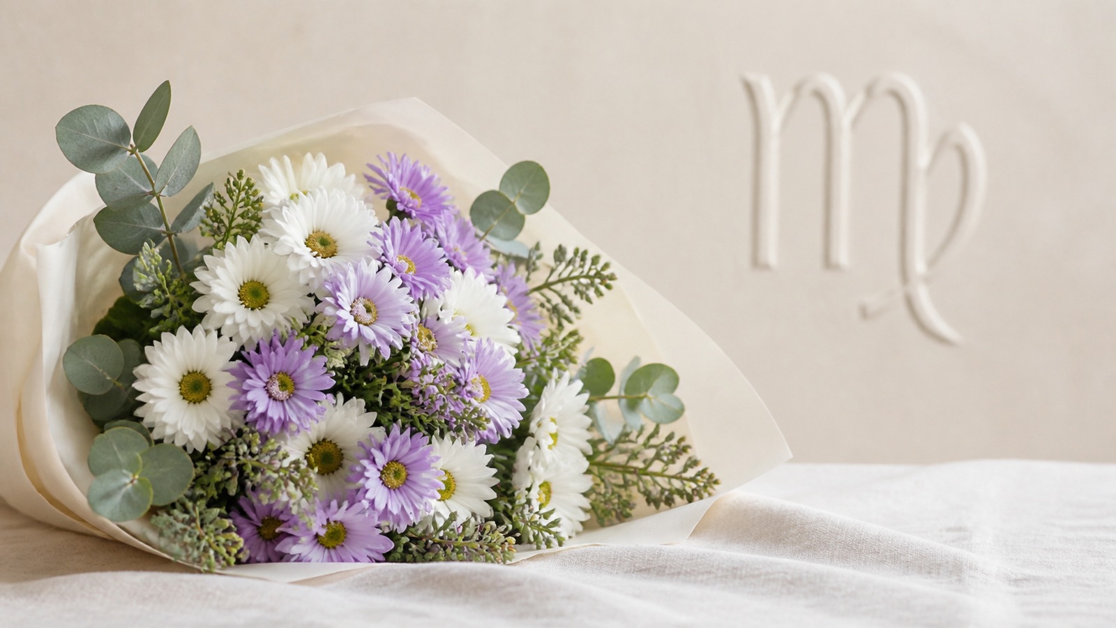 a compact white aster and chrysanthemum bouquet with sage-green foliage in matte paper on a pale linen surface, even clear daylight