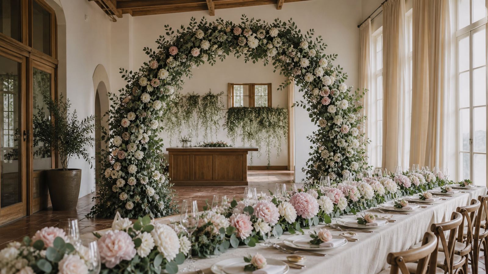 a wedding venue in the final prep moment — a tall lisianthus-and-eucalyptus arch in the center, a long table with pastel floral runner, small posies at each place setting