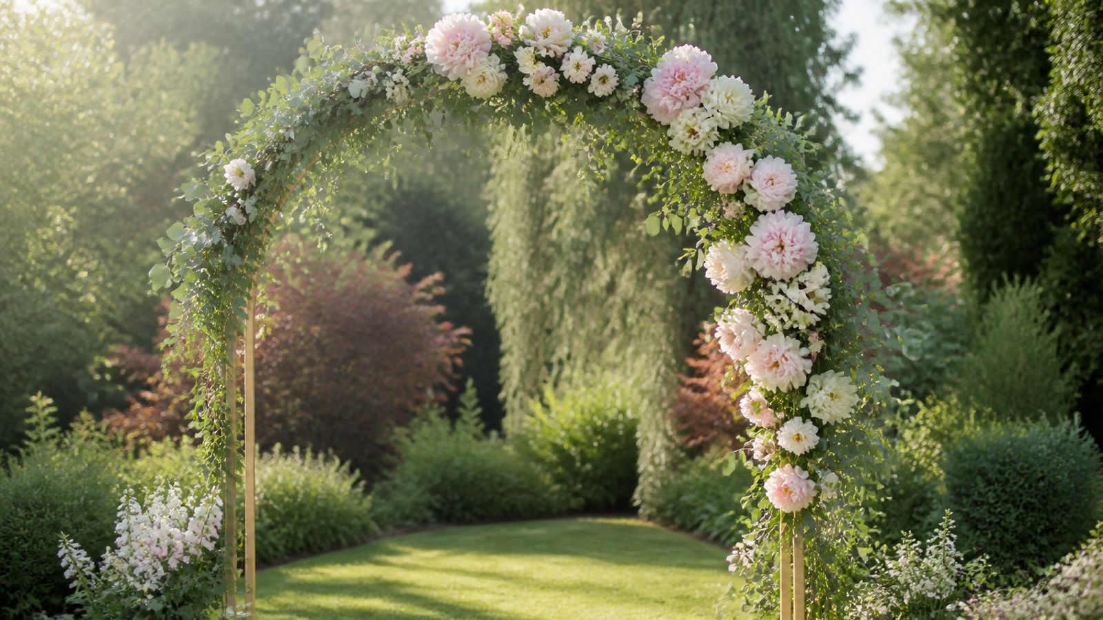 a wedding arch of pastel-palette peonies, lisianthus, and eucalyptus with cascading greenery on one side, against an open garden background in morning light