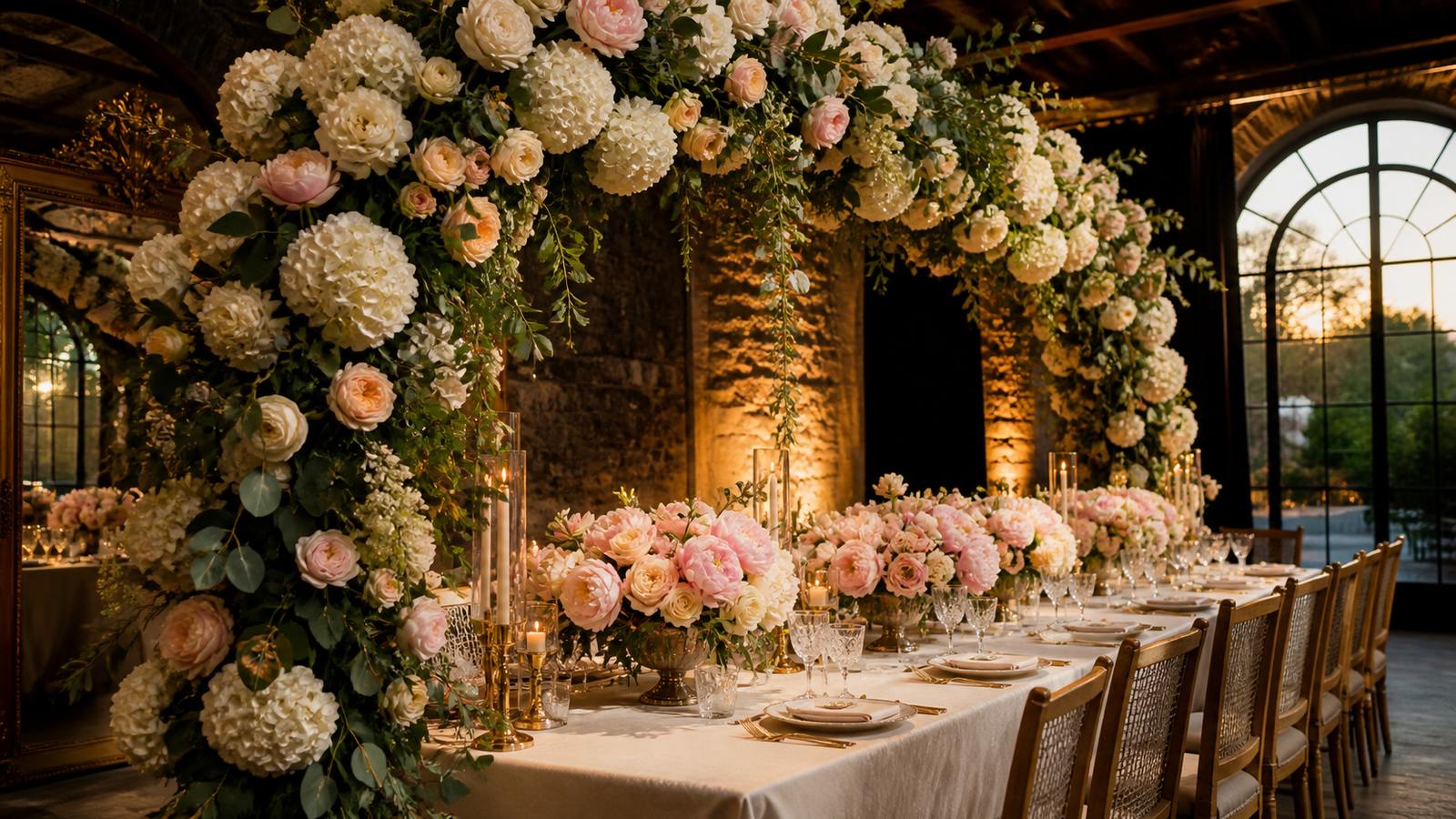 a wedding arch of white hydrangeas, roses and greenery over a banquet table with peony centerpieces, wide-angle wedding decor shot