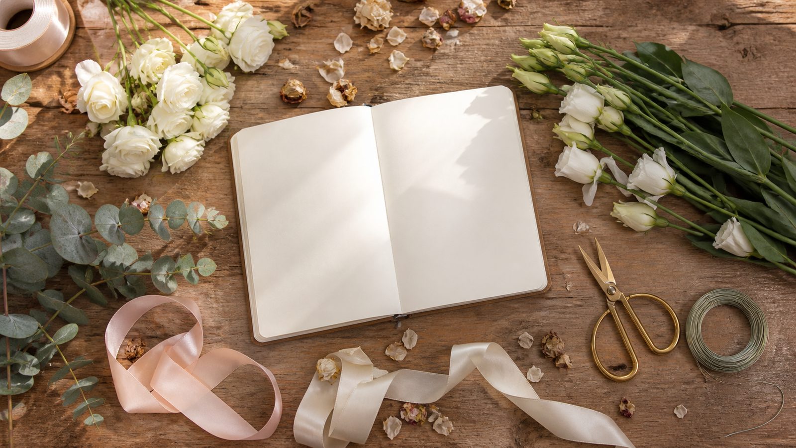 florist workbench flat-lay with white roses, lisianthus, eucalyptus, ribbons, scissors, wire and a blank open notebook