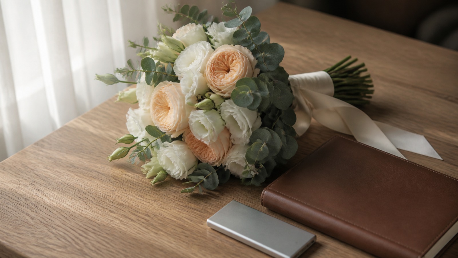 a wedding bouquet of garden roses, lisianthus and eucalyptus beside a closed notebook and a face-down calculator