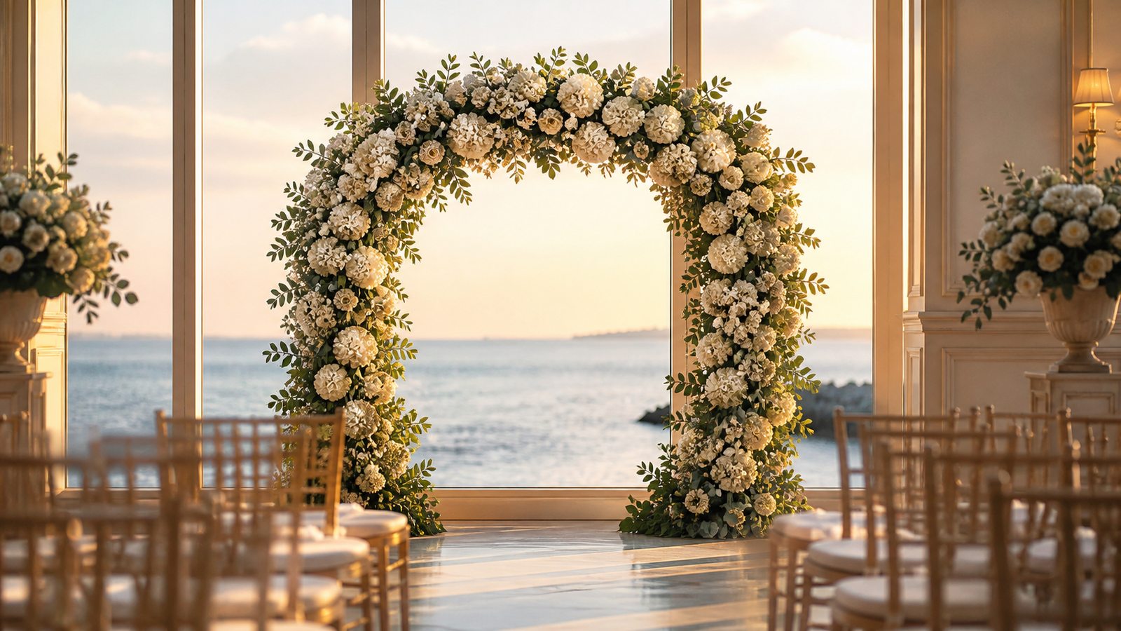 a wedding arch of white hydrangeas, roses and greenery in a banquet hall with sea view, soft evening light, wedding decor