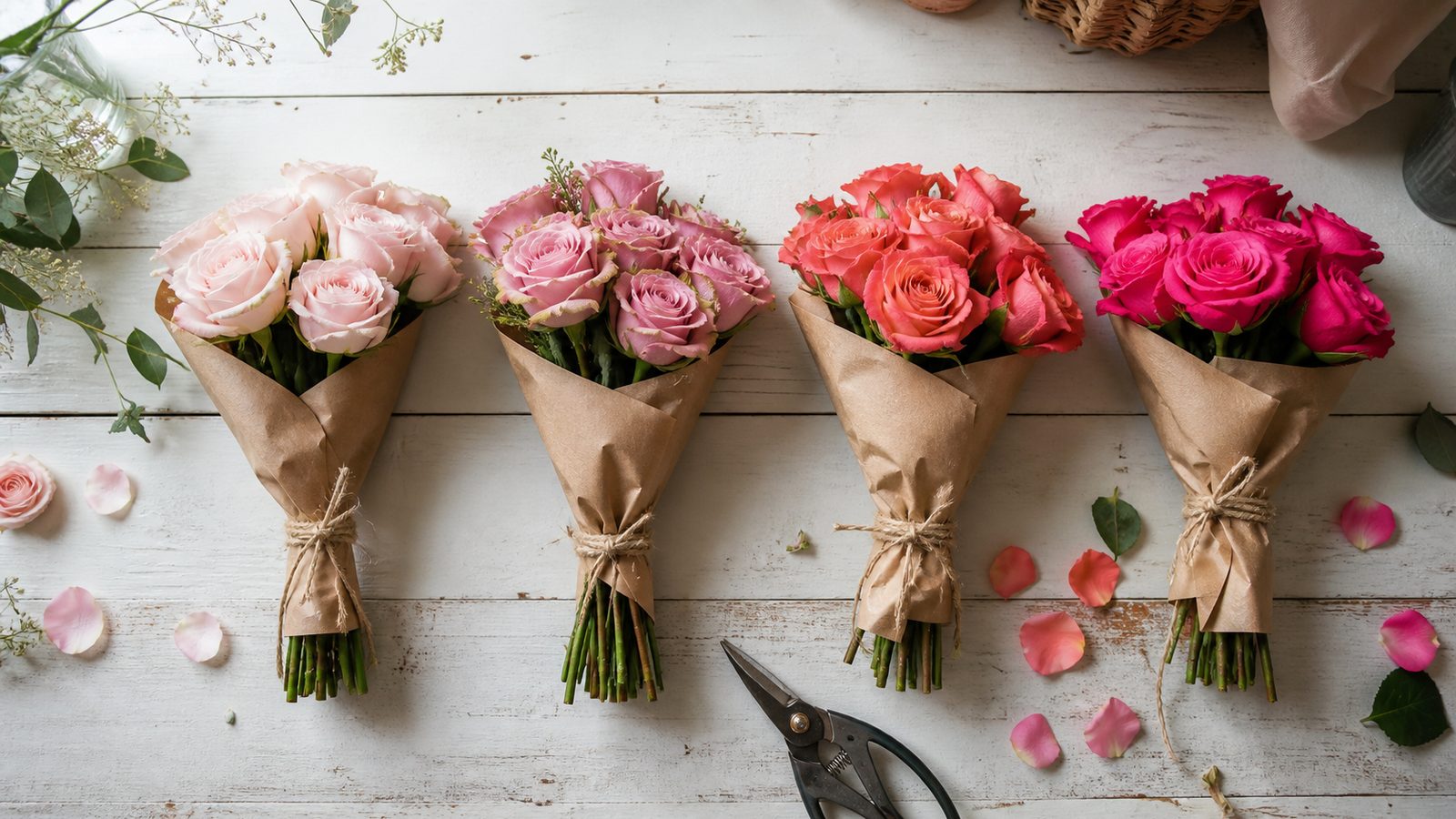 hero — a mixed bouquet of pink roses in different shades (powder, dusty pink, coral, hot pink) wrapped in kraft on a florist's white workbench, soft morning light